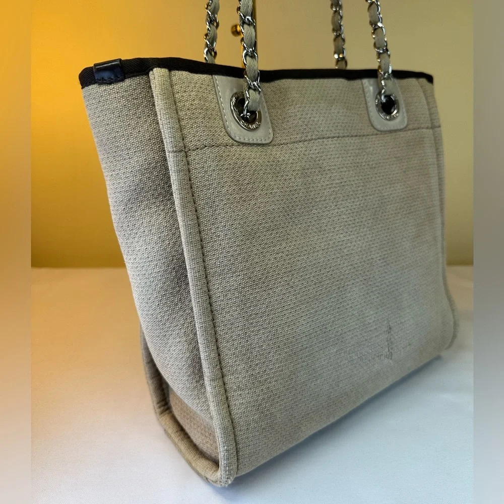 CHANEL CC Deauville Tan Canvas Small Tote SHW White Lettering COA - Picture 11 of 16